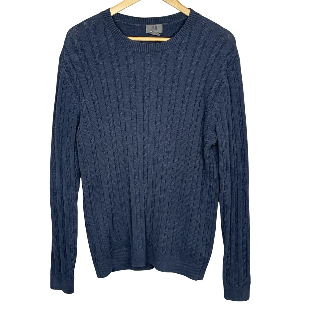 H&M Mens Blue Cable Knit Fisherman Sweater Size L Classic Cotton Preppy Academia